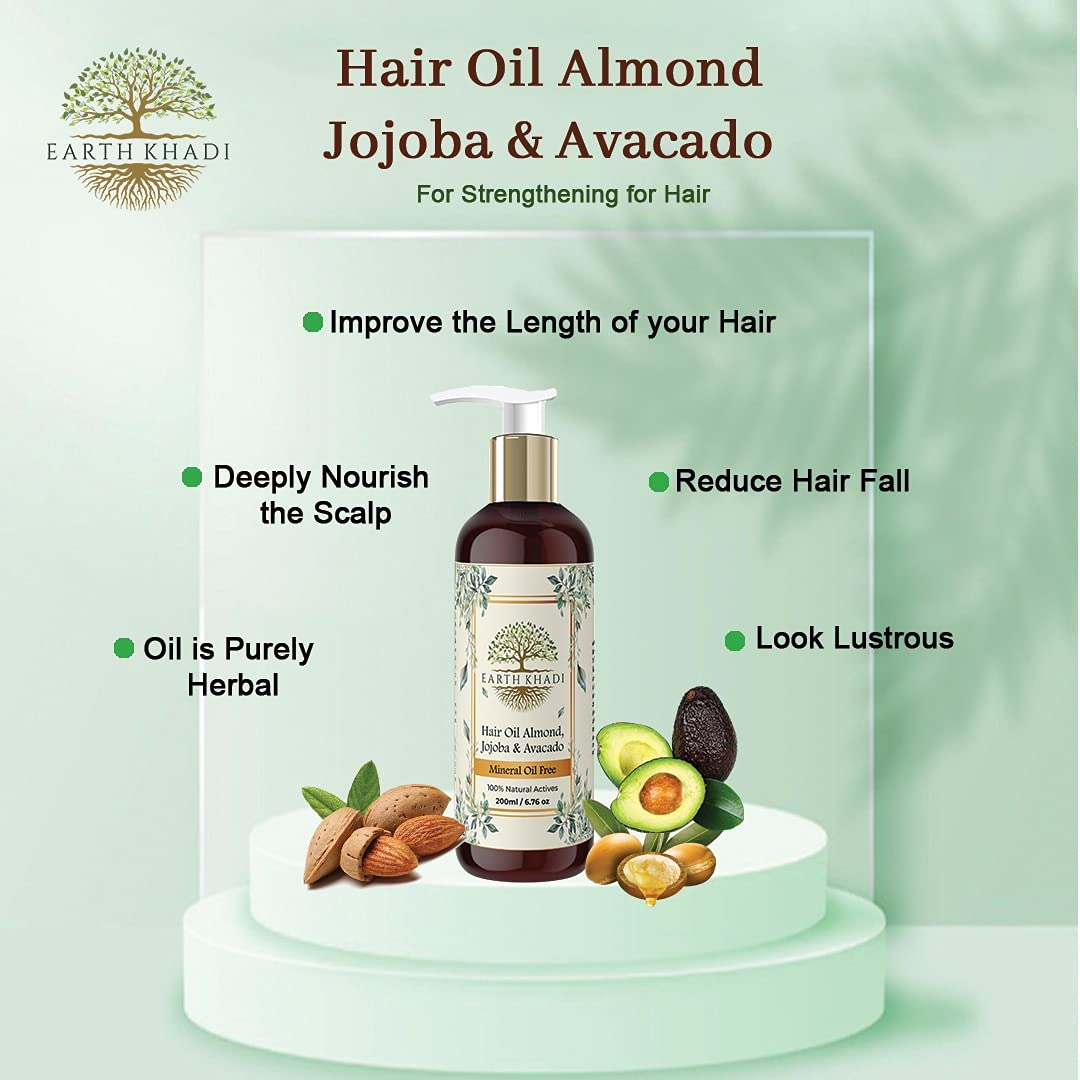 Almond hair Oil with Jojoba & Avacado Oil free from mineral oil 200 ml | Earth Khadi