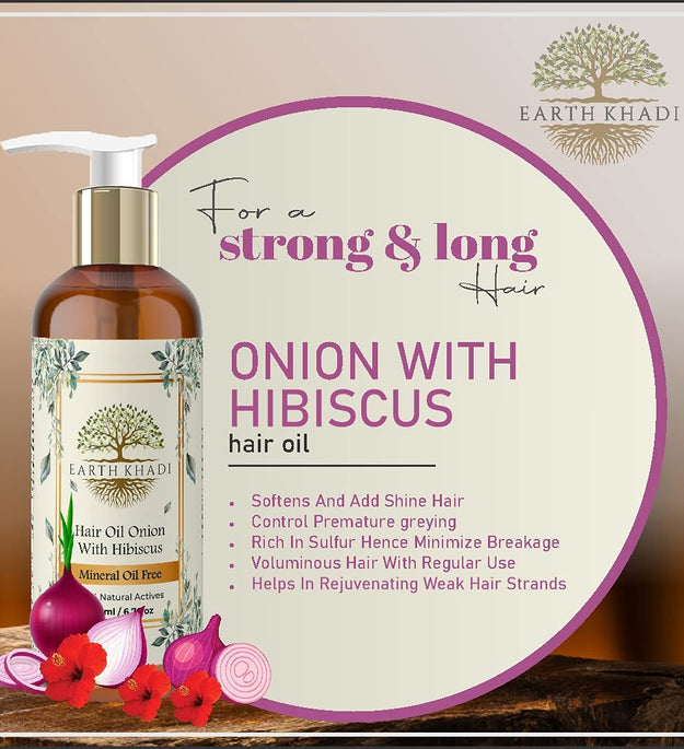 Onion & Hibiscus Hair Oil free from Mineral Oil 200 ml | Earth Khadi