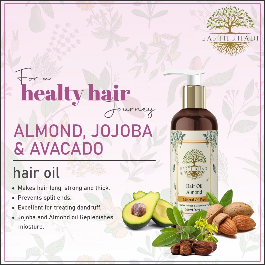 Almond hair Oil with Jojoba & Avacado Oil free from mineral oil 200 ml | Earth Khadi